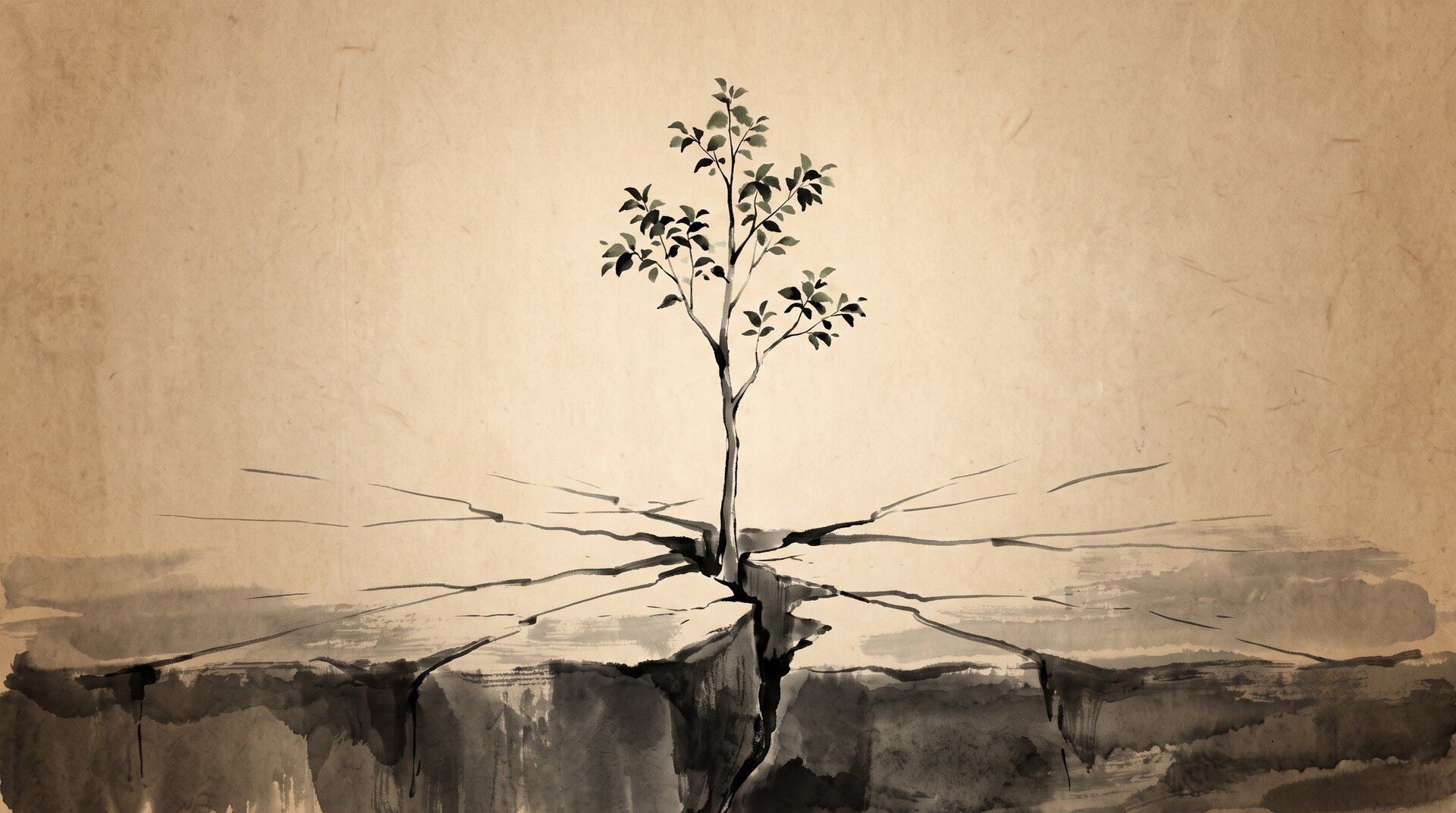 Korean ink wash painting: a slender young tree grows unsupported from a fracture it has split open across a slab of concrete, cracks radiating outward