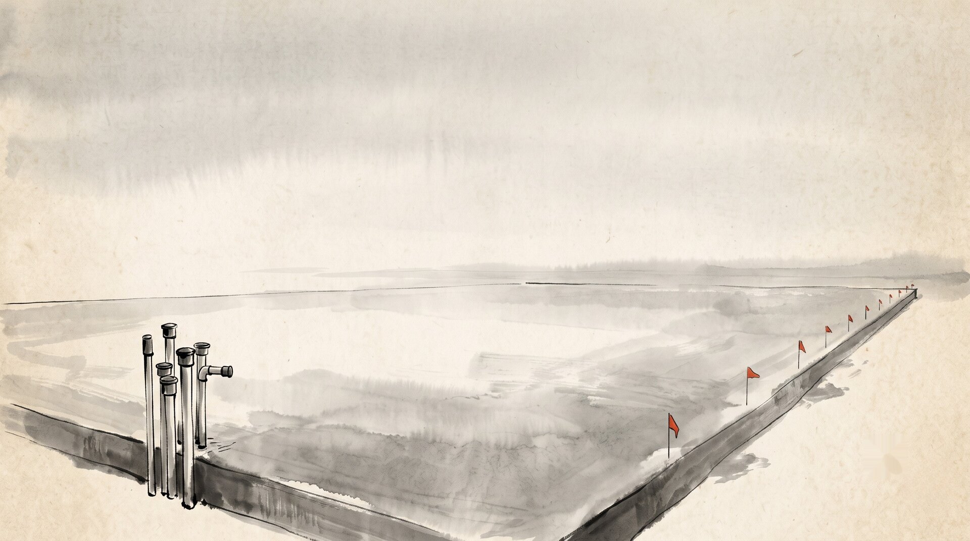 Korean ink wash painting: an empty, freshly poured concrete slab receding to the horizon, capped conduit pipes rising from its near edge, a line of small red survey flags along the far edge