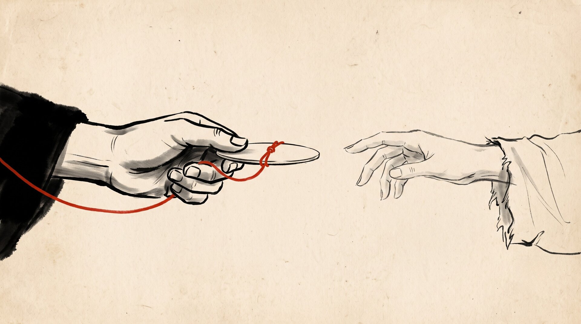 Korean ink wash painting: one hand offers a thin disc across a gap of empty paper to an open hand; a red cord is knotted around the disc and runs back off the frame