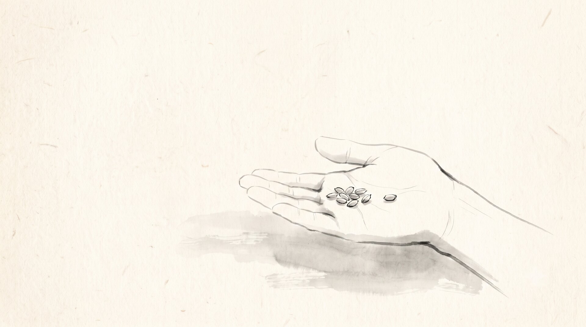 Korean ink wash painting: an open hand holding a few grain kernels, few enough to count, no red anywhere in the frame