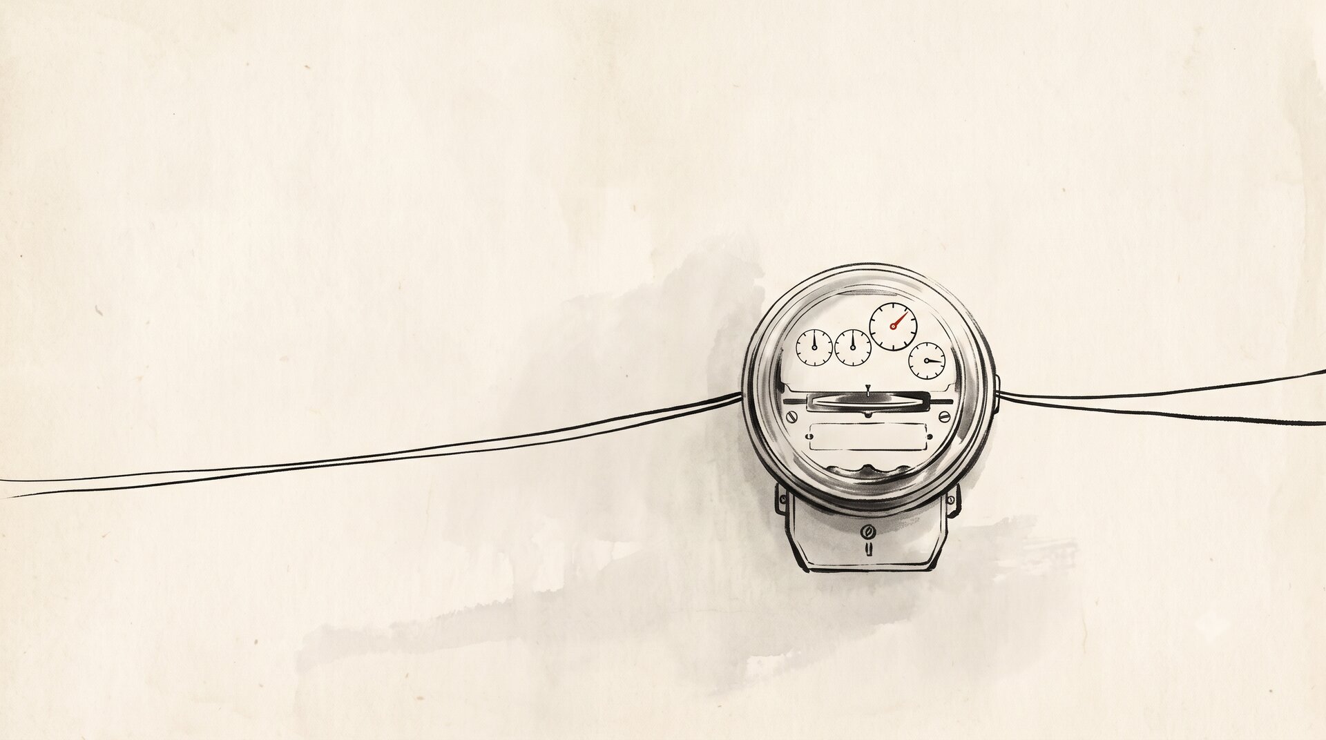 Korean ink wash painting: an antique analogue electricity meter on an empty wall, one vermilion needle on its dial, cables entering and leaving