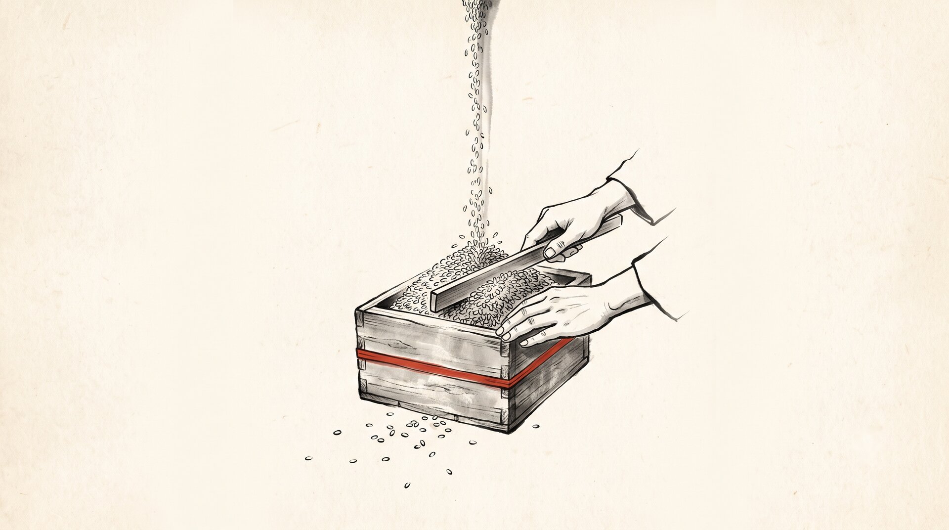 Korean ink wash painting: grain pouring into a wooden measuring box with a single vermilion band, hands levelling the heap with a strickle
