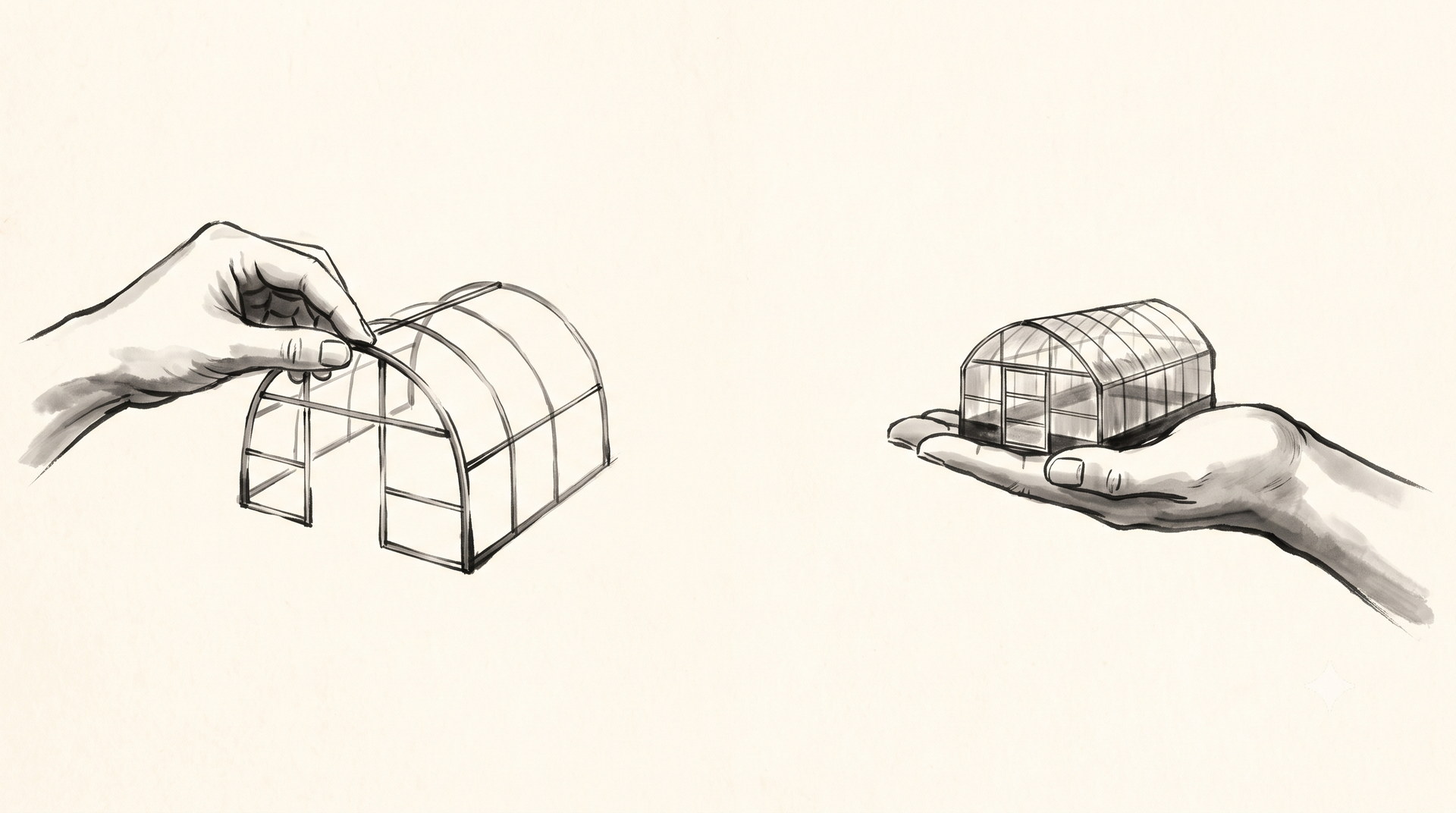 Korean ink wash painting: two bare hands — one building a greenhouse frame, one holding out a greenhouse to sell — no colour anywhere