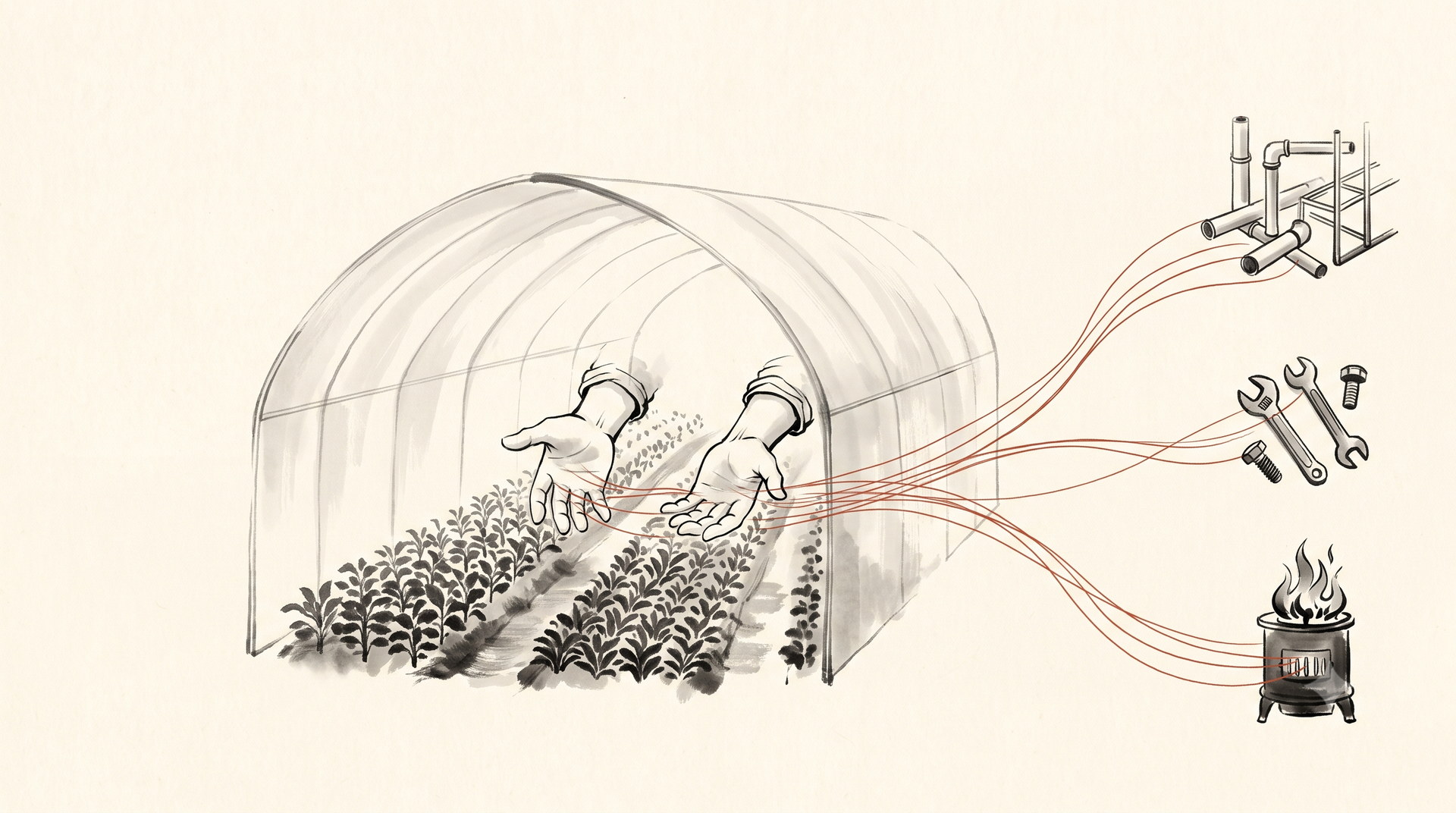 Korean ink wash painting: grain flowing out of a greenhouse in thin red threads toward a maker, an installer, and a burning stove, while the grower's hands stay empty