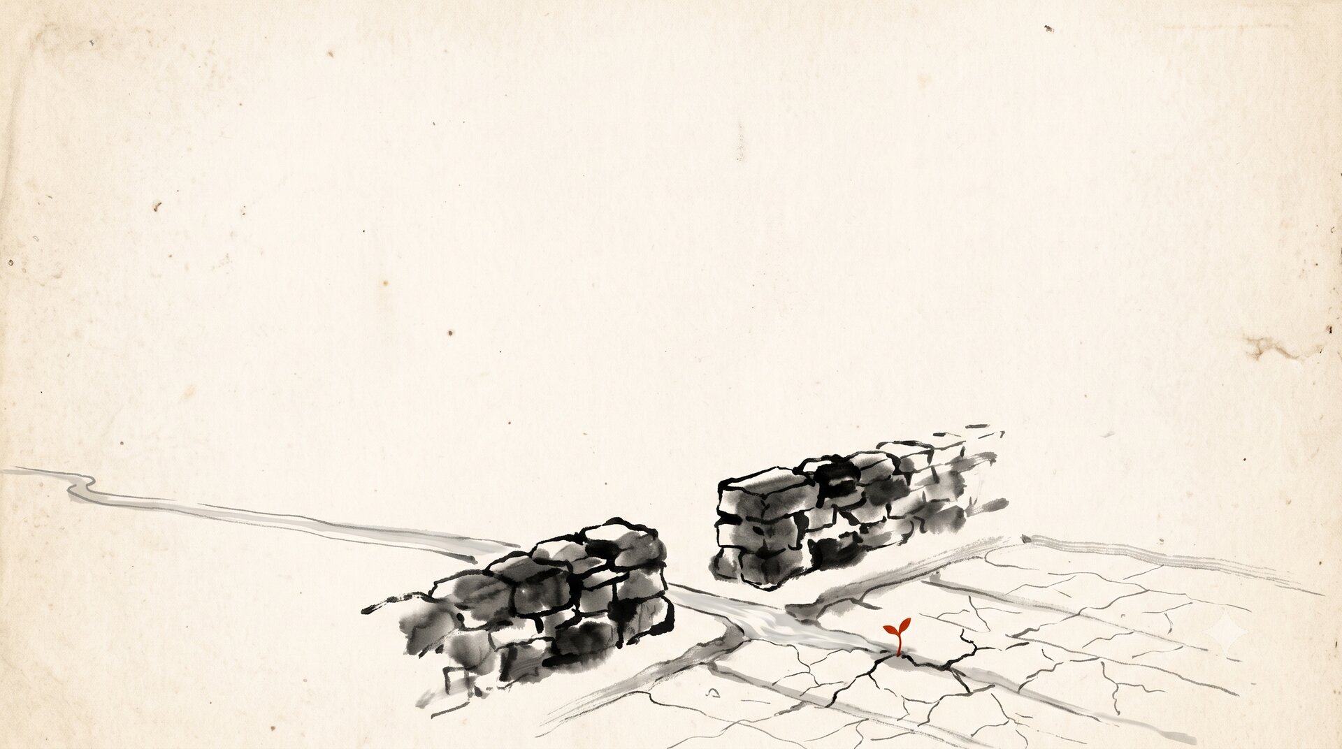 Korean ink wash painting: a broken low stone wall stands aside as a thin thread of clear water passes through a gap to a small cracked dry field, a single vermilion sprout rising, vast empty paper.