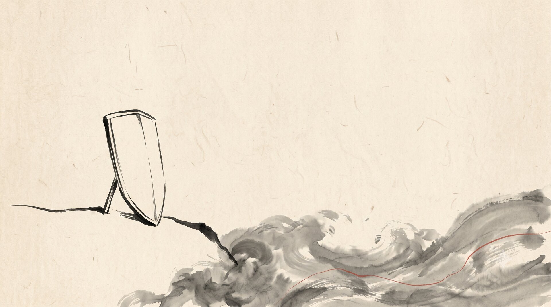 Korean ink wash painting: a single tall standing shield is planted on a high bank above a turbulent grey flood, a single vermilion thread in the water, vast empty paper above.