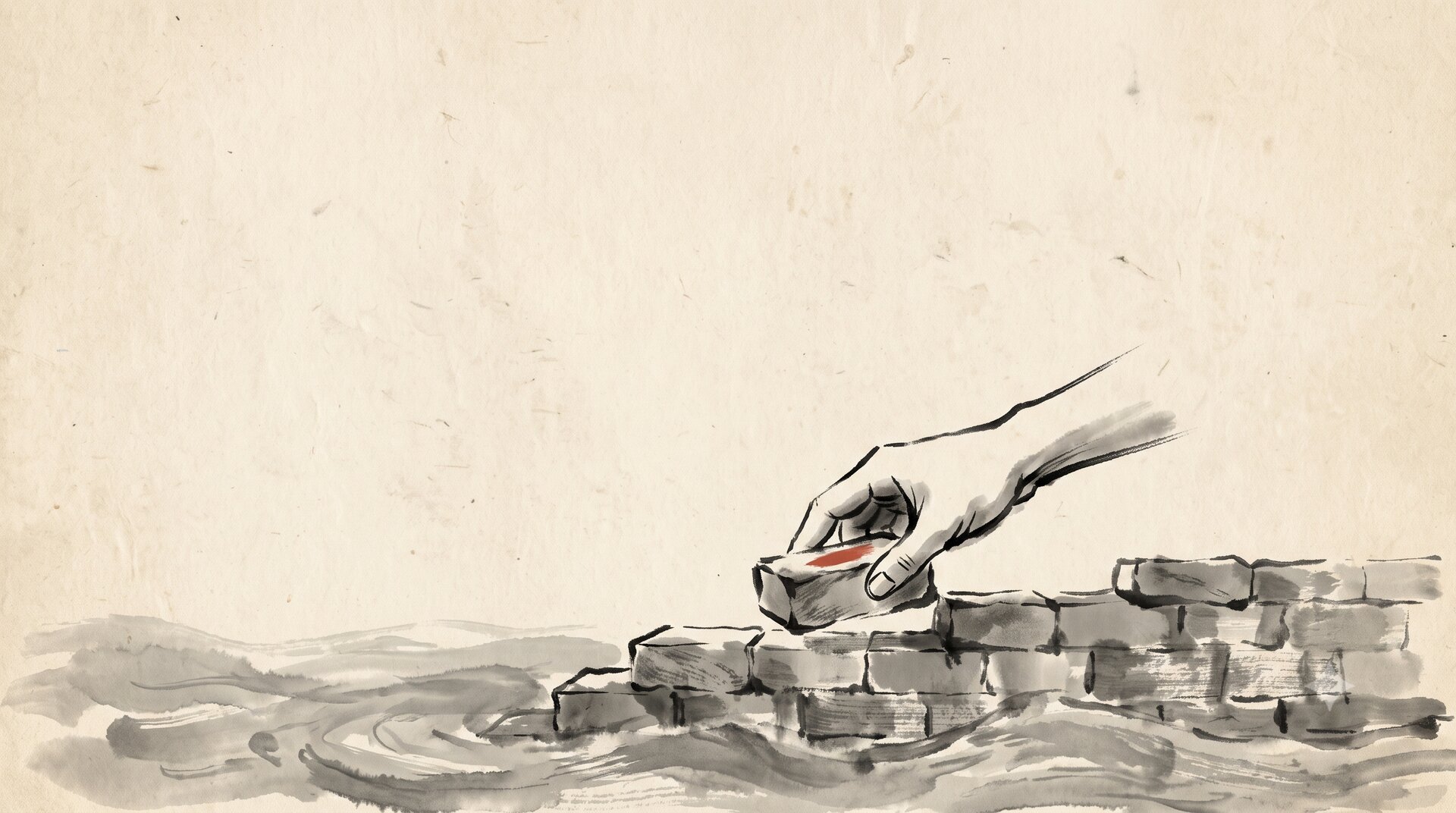 Korean ink wash painting: a hand calmly sets one stone brick onto a half-built wall at the edge of a grey flood, a single vermilion mark on the brick, empty paper around.