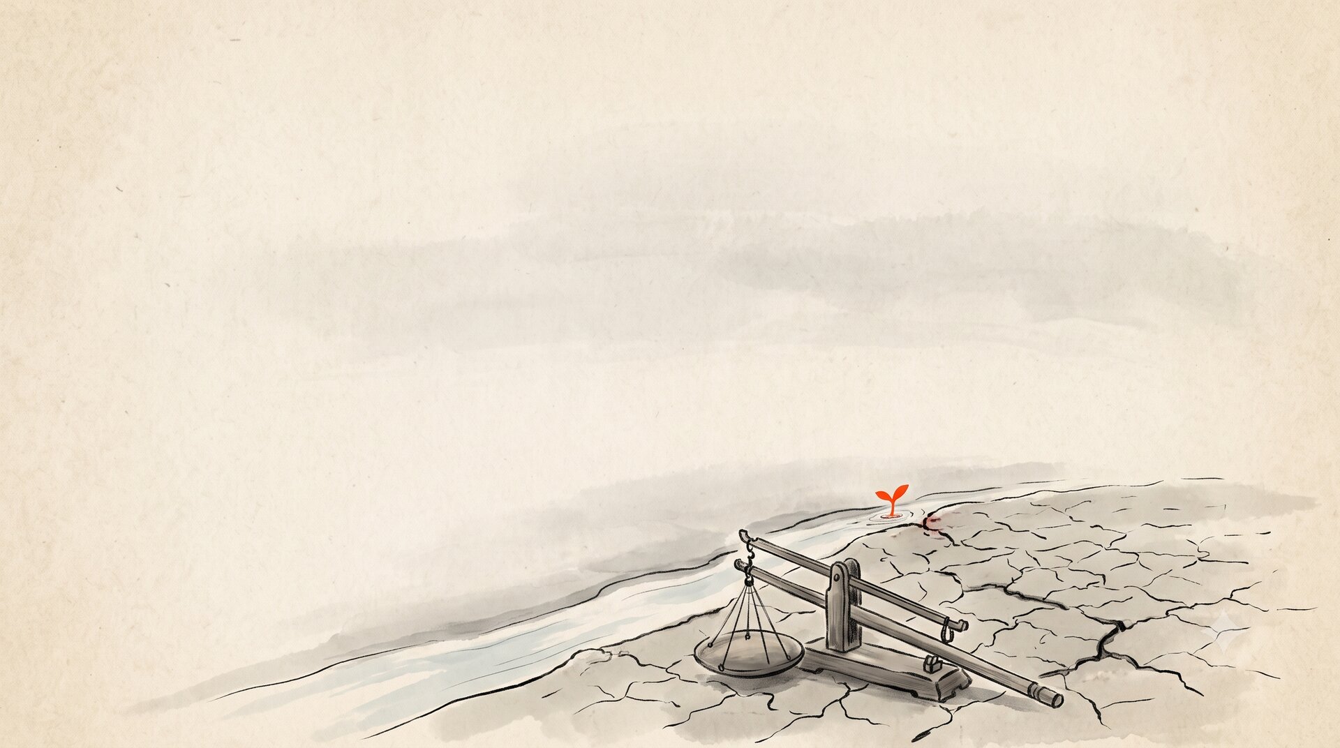 Korean ink wash painting: a thin thread of clear water reaches a small cracked dry field, a single vermilion sprout rising where the water touches, vast empty paper.