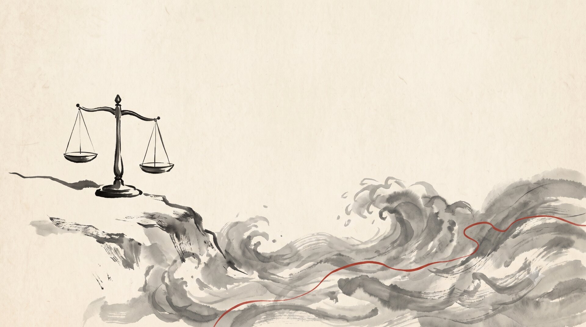 Korean ink wash painting: an empty balance scale stands on a high bank above a turbulent grey flood, its two pans level and empty, a single vermilion thread in the water, vast empty paper above.
