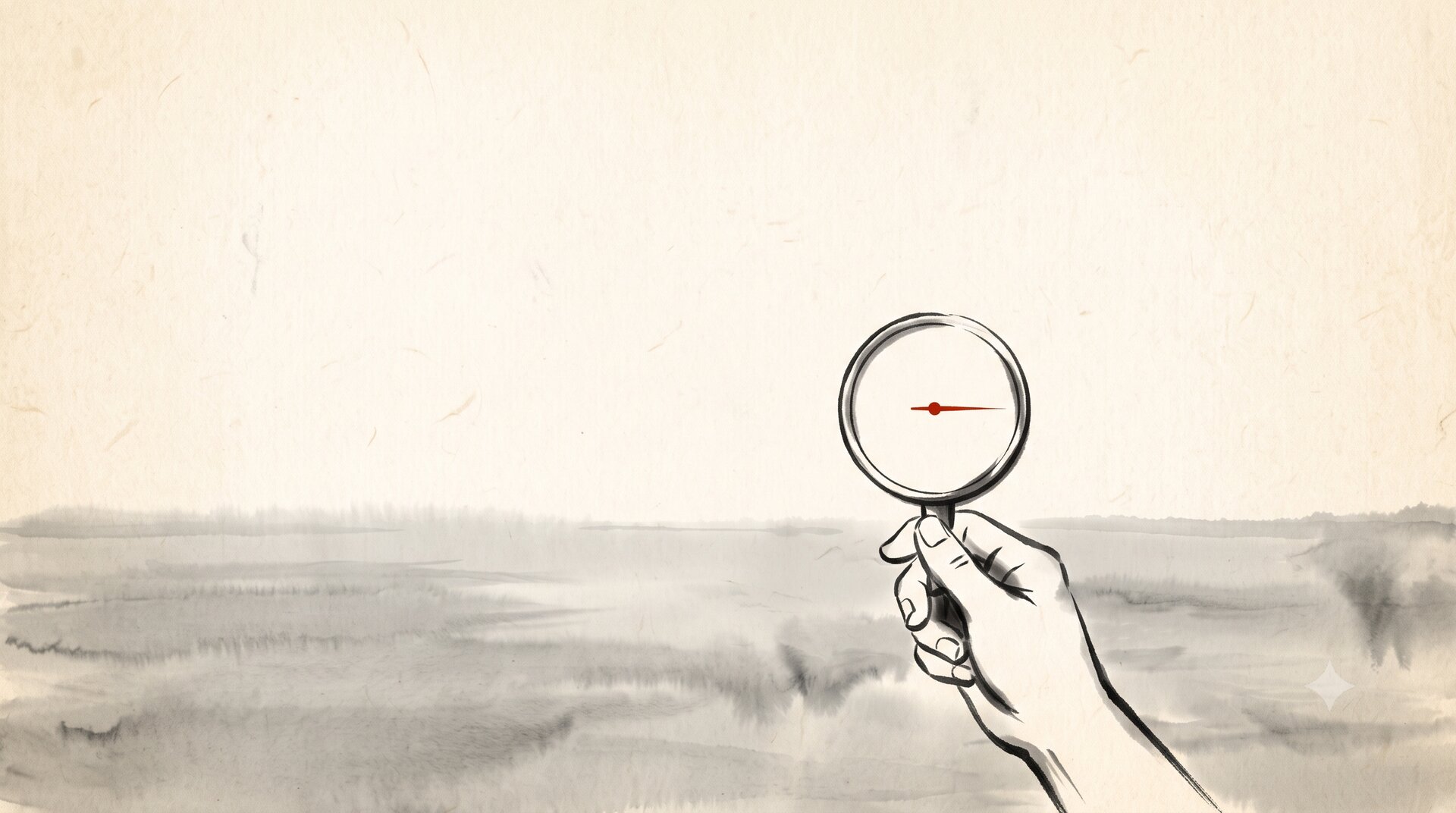 Korean ink wash painting: a hand holds up a round survey dial over grey floodwater, reading it at a detached distance, a single vermilion mark on the dial, empty paper around.
