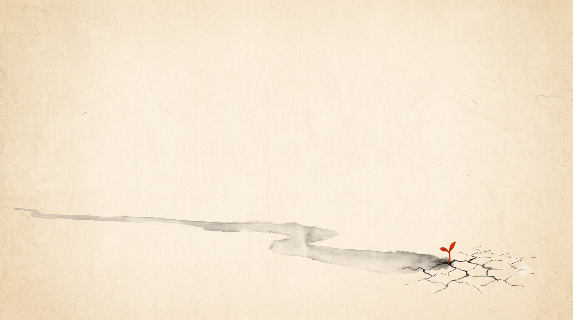 Korean ink wash painting: a thin thread of clear water reaches a small cracked dry field at the edge, a single vermilion sprout rising where the water touches, vast empty paper.