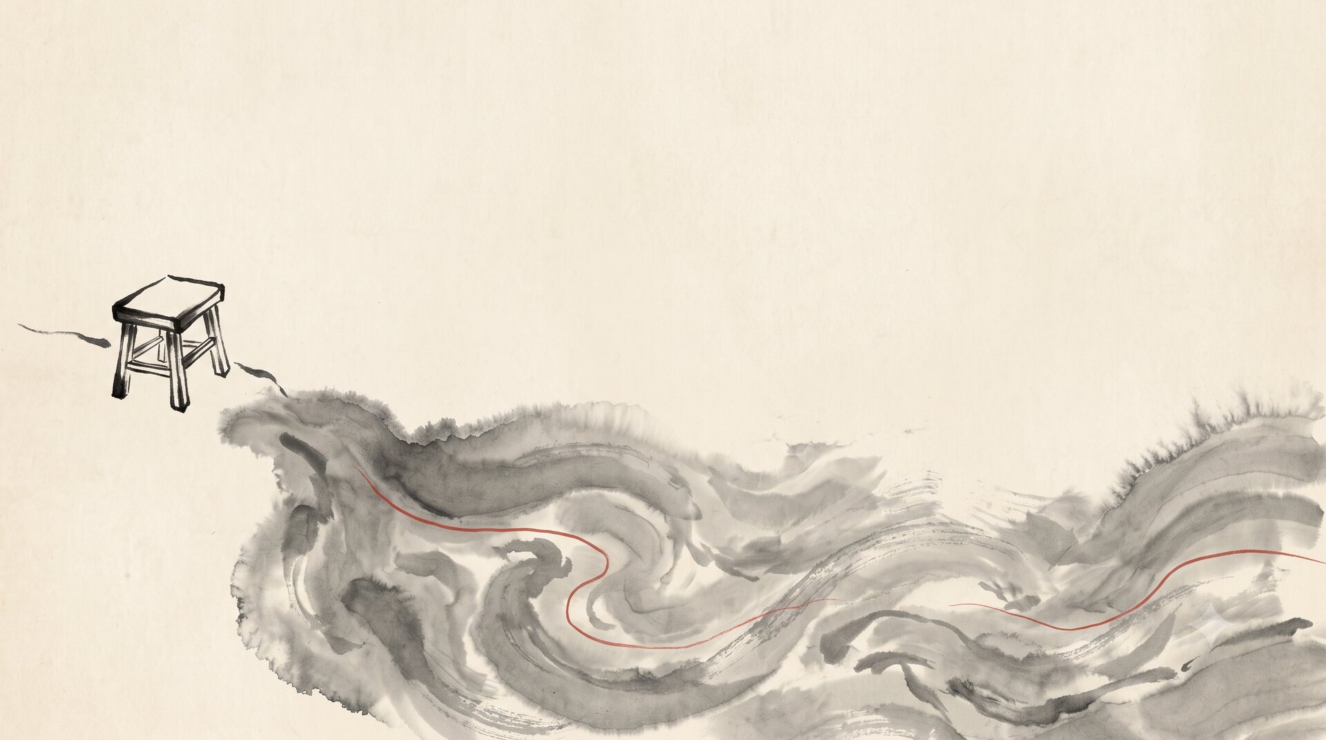 Korean ink wash painting: a lone empty elevated seat on a high bank overlooks a turbulent grey flood below, a single vermilion thread in the water, vast empty paper above.