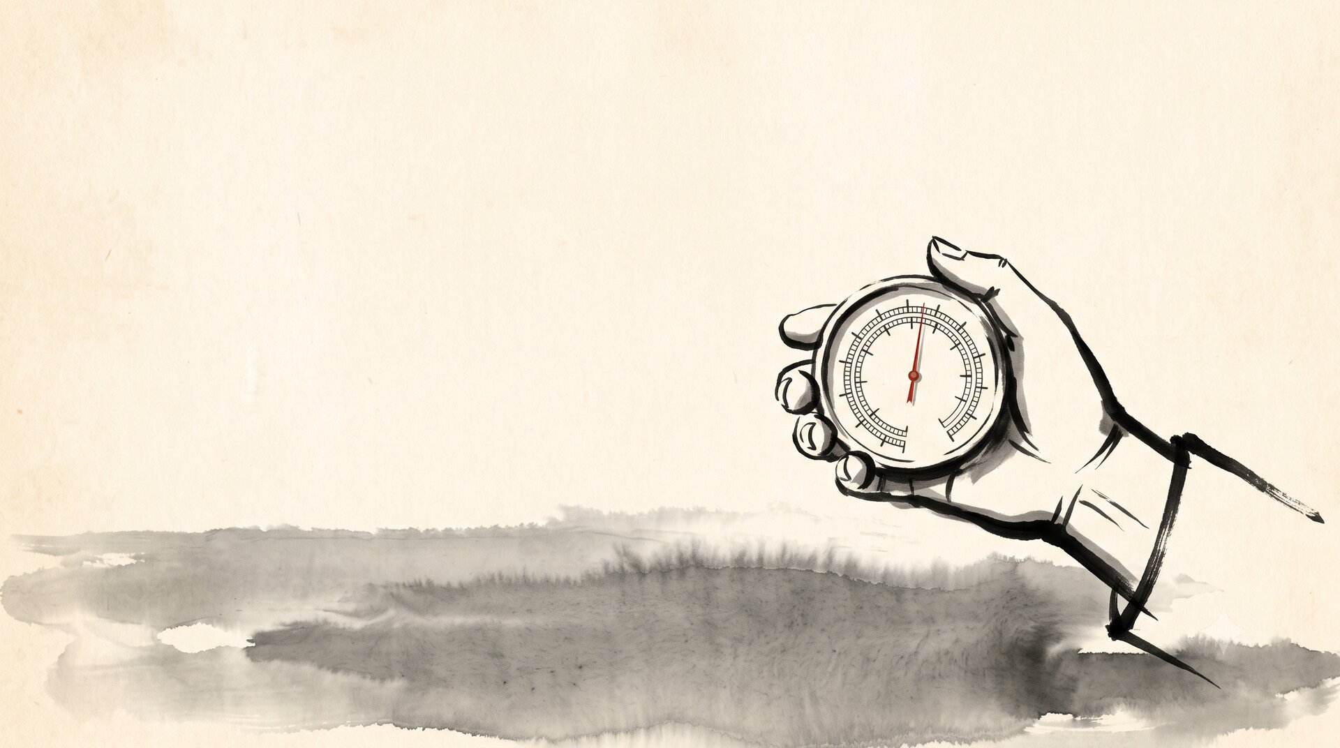 Korean ink wash painting: a hand holds a borrowed barometer-like gauge over grey floodwater, reading it at a detached distance, a single vermilion needle, empty paper around.