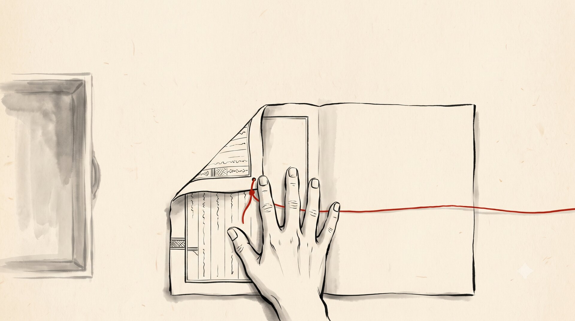 Korean ink wash painting: the same document, now pulled fully from the drawer and lying open in clear light. An open hand rests flat on it. The red thread is still tied to the corner and runs out from beneath the hand, visible along its whole length.