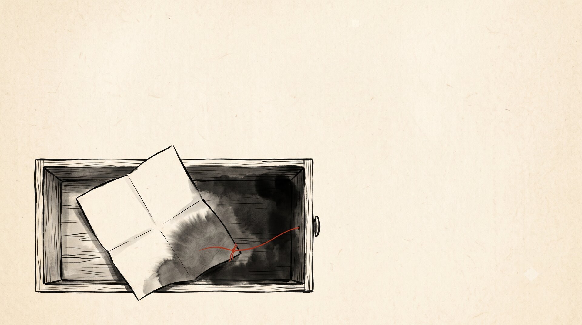 Korean ink wash painting: a half-open drawer holding one folded document. The upper half is lit; the lower half disappears into shadow. A single red thread runs from the paper into the dark.
