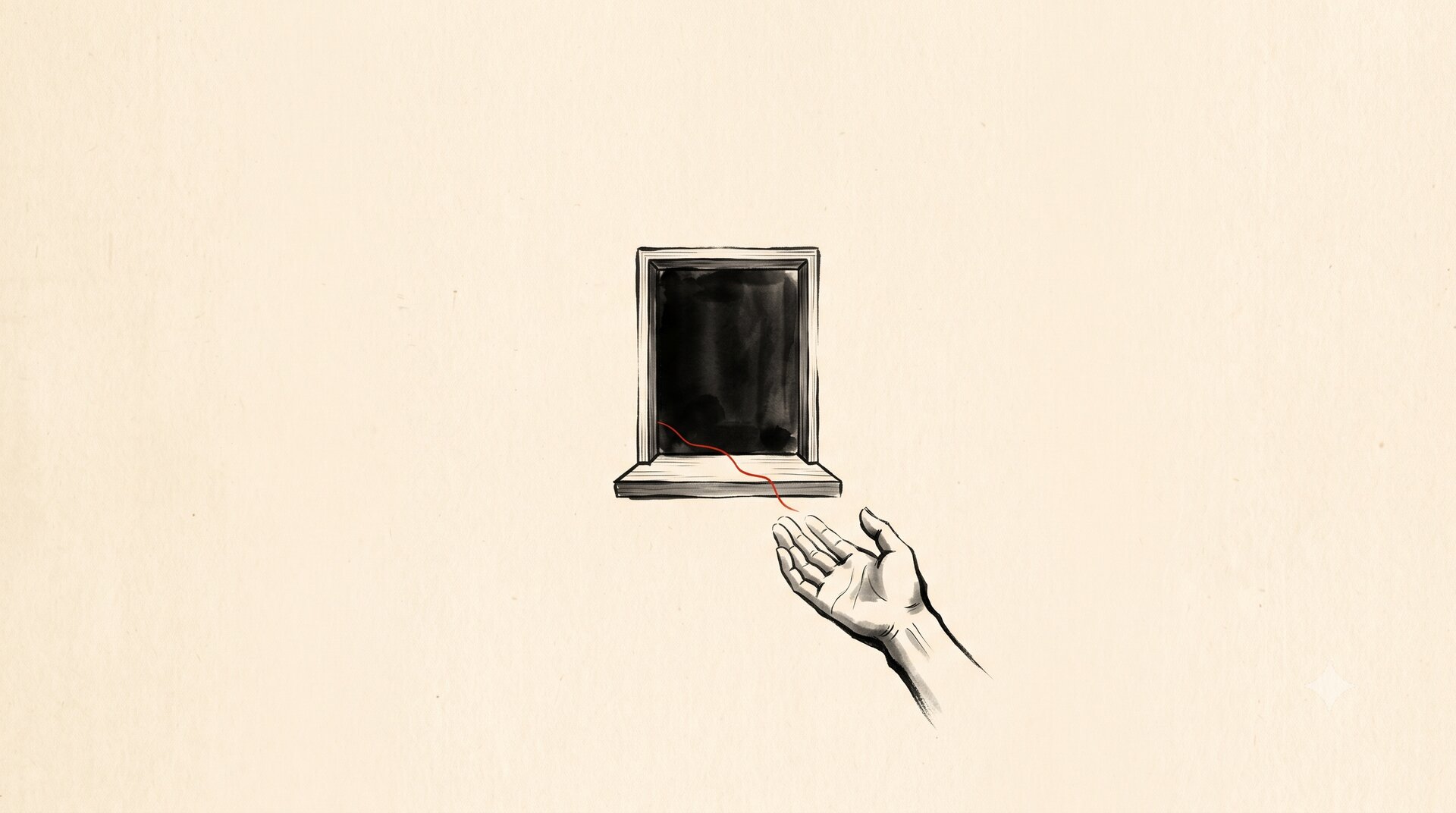 Korean ink wash painting: a small teller's window standing alone in an empty field of paper. No one is inside. An empty hand reaches toward it. A single red thread lies across the sill and disappears into the dark opening.