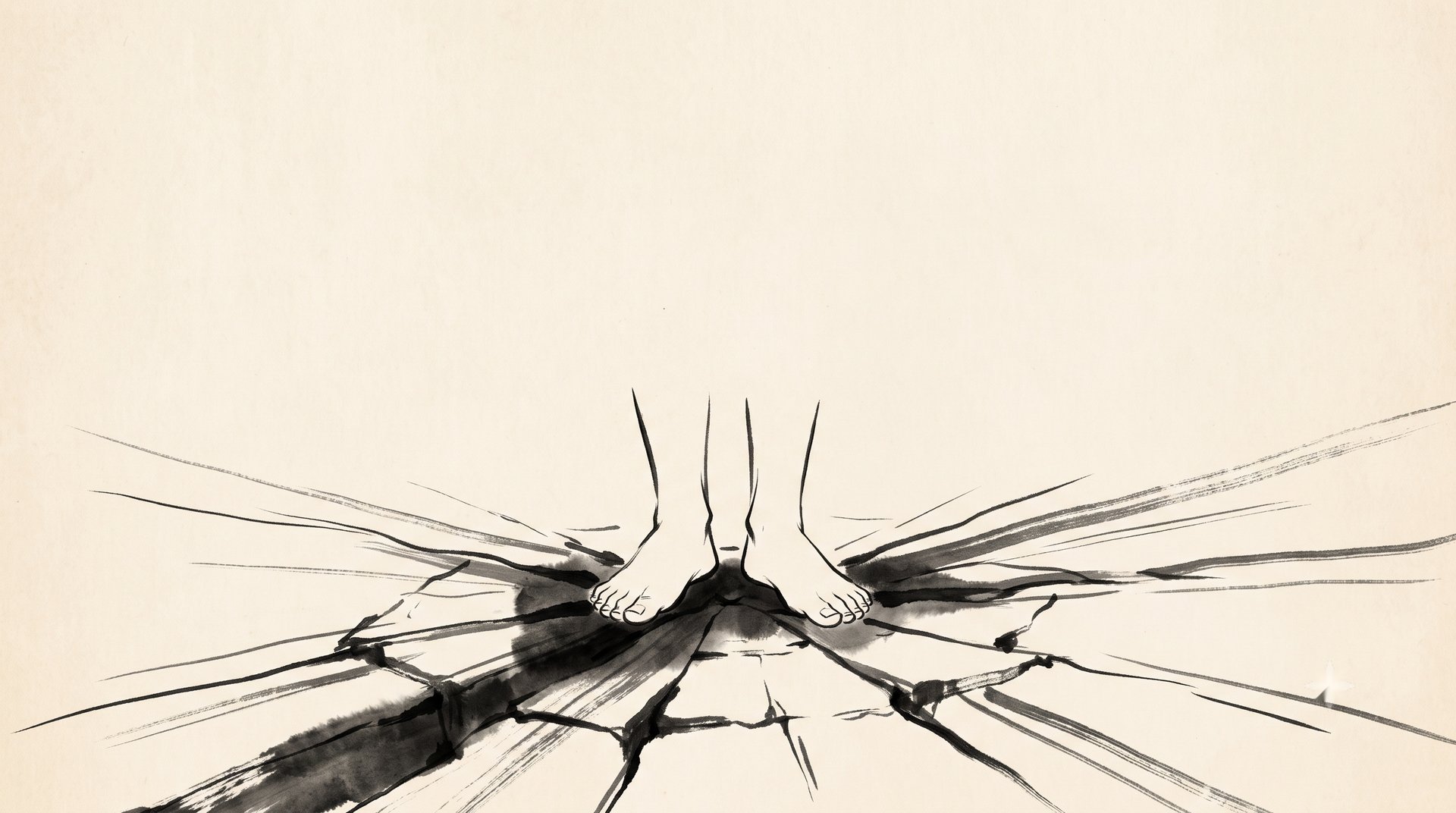 Korean ink wash painting: a pair of bare feet standing on a cracked, fracturing stone floor, unsupported, no colour anywhere
