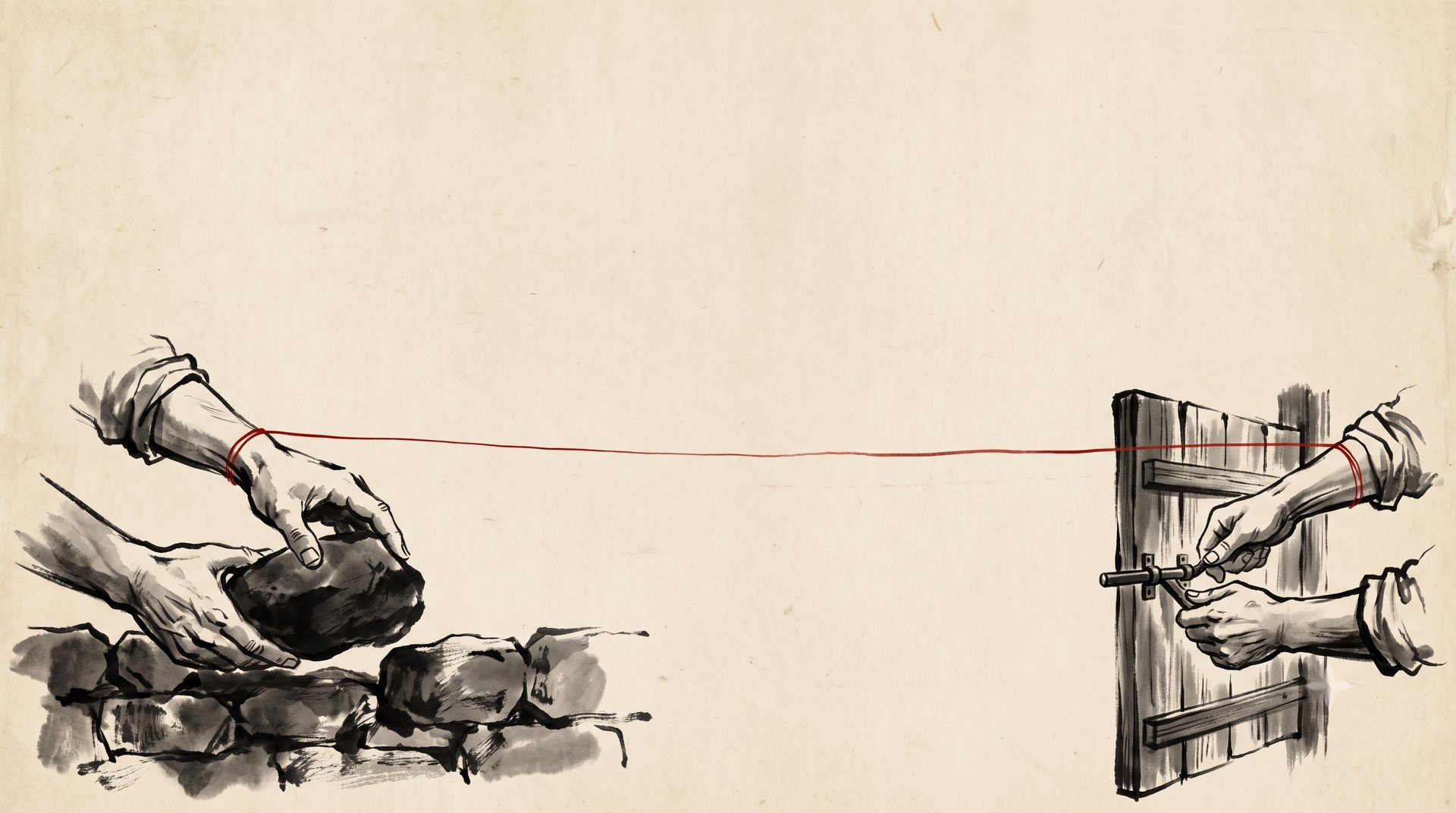 Korean ink wash painting: two hands, one raising a low wall with a stone, the other pulling open a narrow gate, linked by a single red cord
