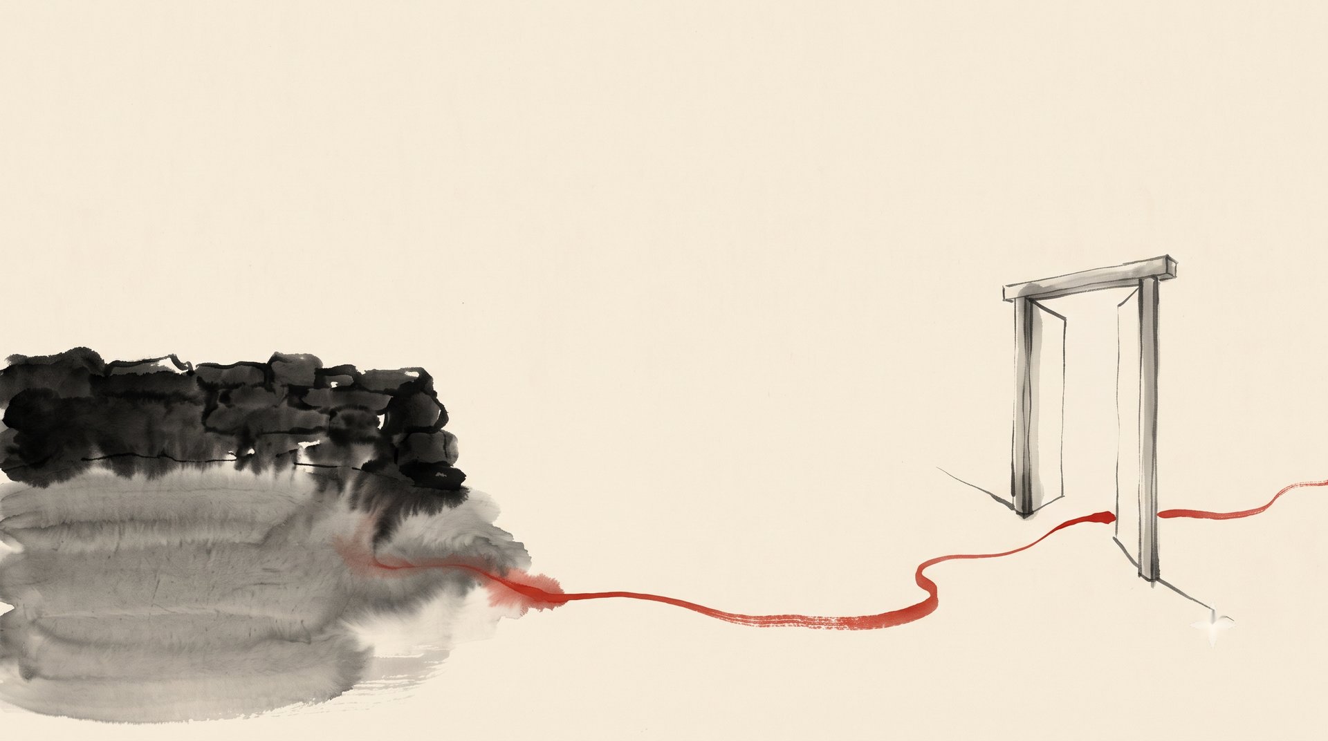 Korean ink wash painting: a low wall damming a pool of grey ink, a thin red ribbon of it escaping through an open gate on the right