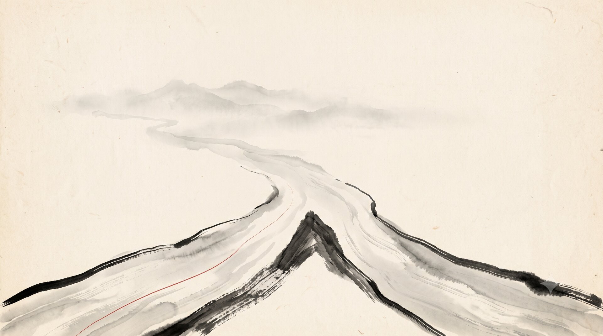 Korean ink wash painting: a river descends across aged paper and divides at a pointed levee into two channels, one traced by a single vermilion thread, with vast empty paper above.