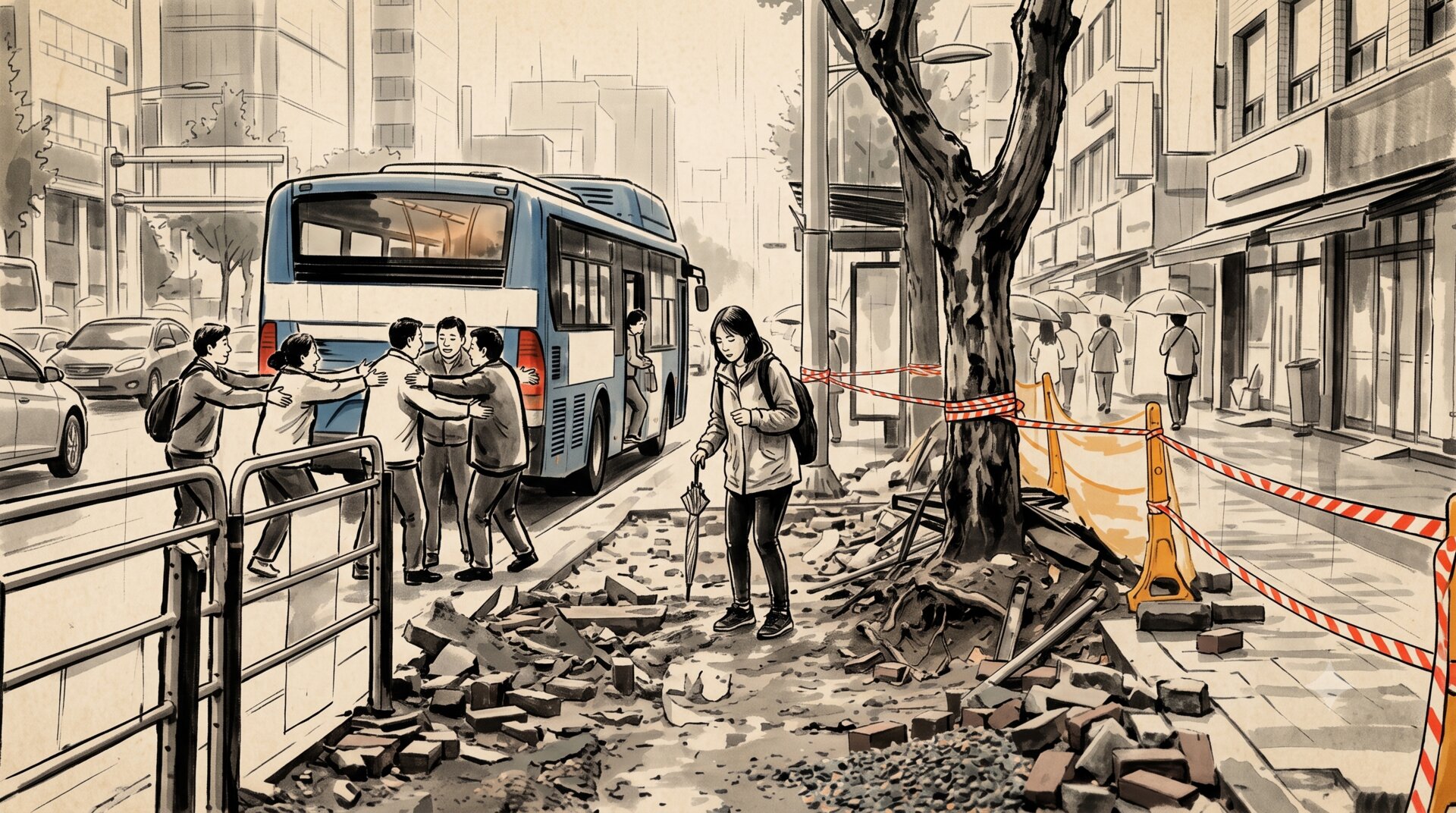 타는 사람은 환영받고, 내리는 사람은 공사판에 내려서는 버스 — 수묵 일러스트