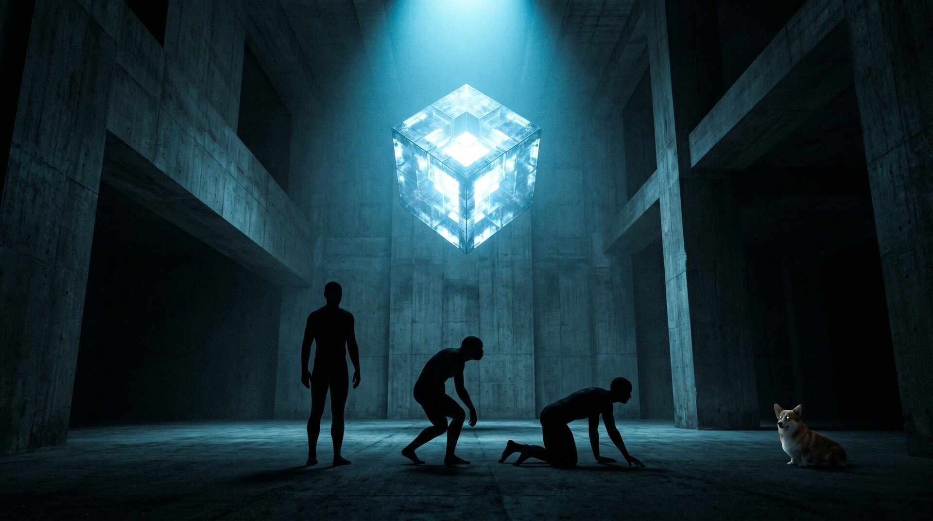 콘크리트 챔버 안에서 인간 실루엣이 직립에서 네 발로 변해가고, 한쪽 구석에 코기 한 마리가 인간을 응시하며, 위에는 빛나는 거대한 정육면체가 떠 있는 장면