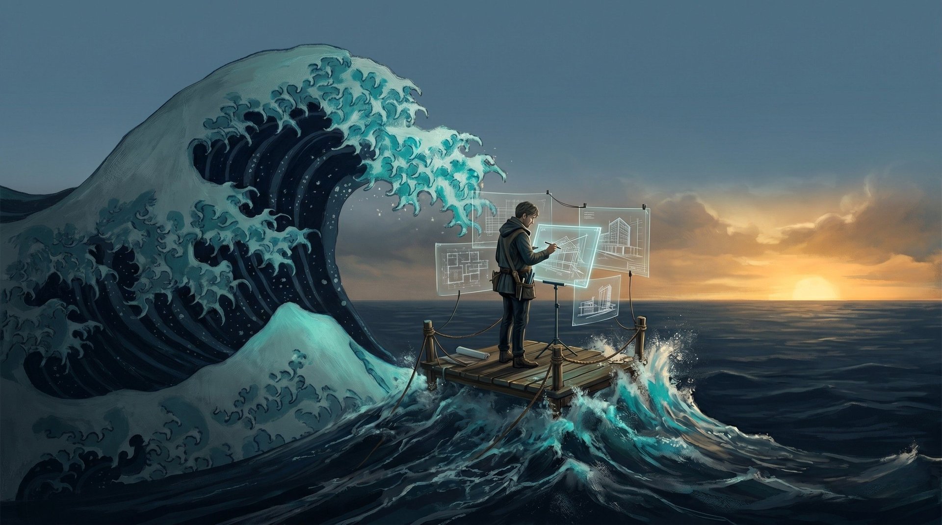 A solitary architect designing on a small platform at the crest of a great wave at dawn