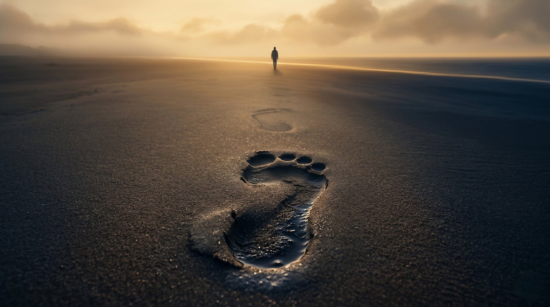A single fresh footprint pressed into wet sand at dawn, with a small distant figure walking into amber light